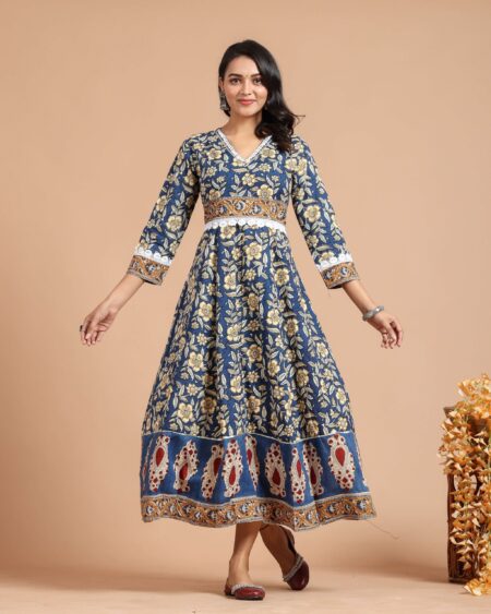 Blue Floral Anarkali Maxi Dress with Ethnic Border Detailing