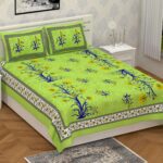 Jaipuri Stylish Floral Printed Double Bed Bedsheet With Two Pillow Cover (Green)