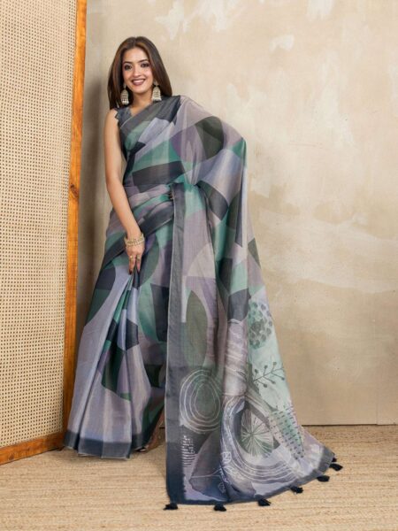 Modern Abstract Printed Linen Saree in Grey and Teal with Geometric and Artistic Patterns