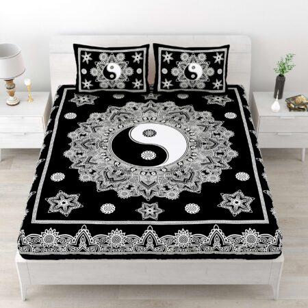 Jaipuri Stylish Mandala Printed Double Bed Bedsheet With Two Pillow Cover (Black)