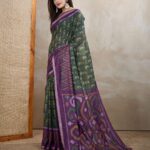 Dark Green & Purple Ikat Printed Chanderi Saree ? Festive & Wedding Wear