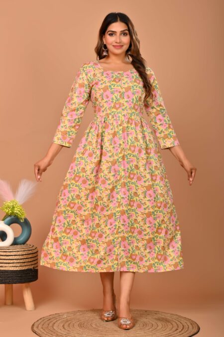 Pink Floral Printed A-Line Midi Dress with 3/4th Sleeves ? Elegant Casual & Party Wear