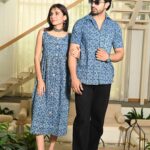 Couple Matching Outfit ? Blue Cotton Floral Printed Midi Dress & Shirt Set, Casual Summer Wear