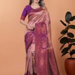 Lavender Gold Banarasi Silk Saree with Plum Purple Borders & Peacock Zari Motifs | Wedding, Festive & Traditional Ethnic Wear