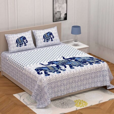 Jaipuri Printed Cotton Double Bed Bedsheet And two pillow covers An Elephant Pattern.