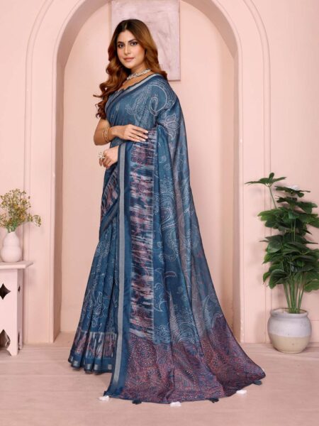 Blue Printed Black Chanderi Saree ? Ethnic Digital Motifs with Tassel Pallu