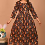 Black Floral Printed A-Line Midi Dress with 3/4th Sleeves ? Elegant Casual & Party Wear