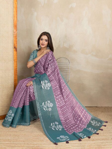 Elegant Teal Green and Mauve Pink Linen Saree with Geometric and Floral Prints