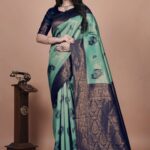 Sea Green & Navy Blue Banarasi Silk Saree with Gold Zari Embellishment | Floral Buta Motifs | Wedding & Festive Wear