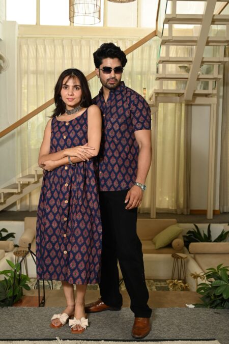 Couple Matching Outfit ? Navy Blue Leaf Print Cotton Midi Dress & Shirt Set, Festive Ethnic Wear
