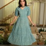Teal Green Printed Cotton Anarkali Maxi Dress with Puff Sleeves Elegant Everyday Wear
