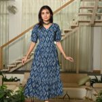 White And Blue Printed Cotton Anarkali Maxi Dress with Puff Sleeves Elegant Casual Wear