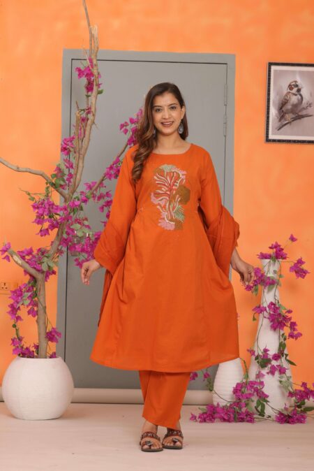 Women's Cotton Embroidery Straight Kurti With Pant Set