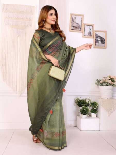 Olive Green Chanderi Saree with Multicolor Geometric Border & Tassels ? Festive & Wedding Wear