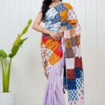 Women's Multicolor Patchwork Printed Saree with Light Purple Base Blouse Piece Stylish Ethnic Wear