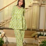 Green Floral Print Cotton Co-ord Set for Women ? Peplum Top & Straight Pants, Casual Ethnic Wear