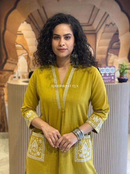 Women's Cotton Embroidery Straight Kurti With Pant Set