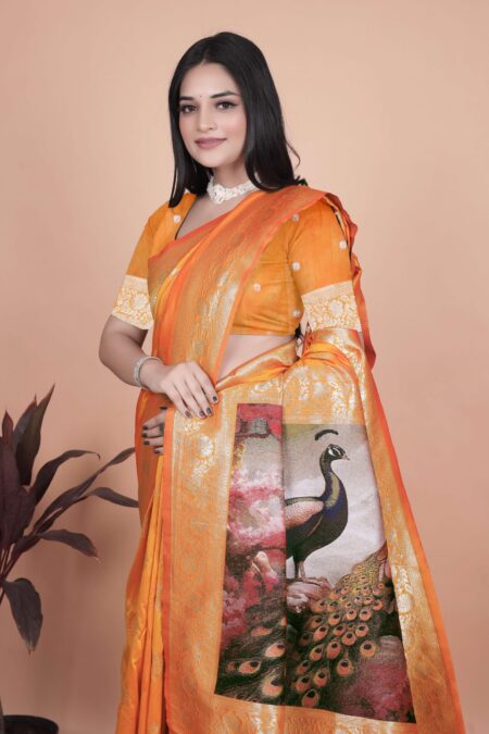 Radiant Orange Silk Saree with Golden Zari & Peacock Pallu | Festive, Wedding & Traditional Wear
