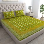 Jaipuri Floral Printed 100% Pure Cotton Double Bedsheet With Two Pillow Cover (Olive-Green)
