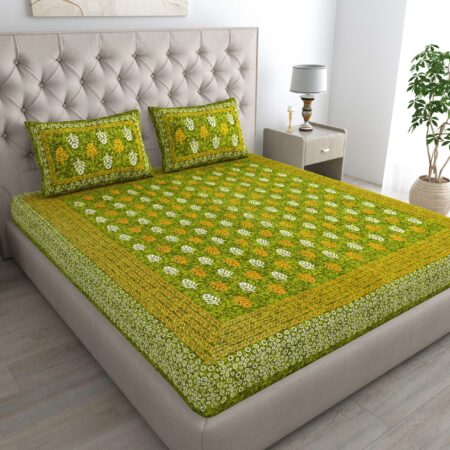Jaipuri Floral Printed 100% Pure Cotton Double Bedsheet With Two Pillow Cover (Olive-Green)
