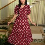 Maroon Printed Cotton Anarkali Maxi Dress with Puff Sleeves Elegant Casual Wear