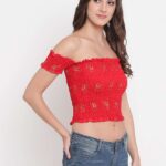 Women's Rayon Printed Off-Shoulder Smocked Crop Top Short Sleeve Casual Styles Tank Top (FREE SIZE) Multi11