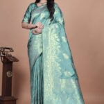 Teal Banarasi Silk Saree with Golden Zari | Floral & Peacock Motifs | Wedding, Festive & Traditional Wear
