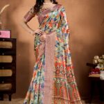 Multicolor Soft Silk Saree with Ethnic Motif Pallu & Zari Border