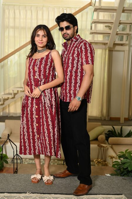 Couple Matching Outfit ? Maroon & Cream Vine Print Cotton Midi Dress & Shirt Set, Ethnic Casual Wear
