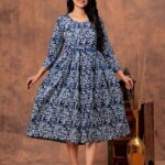 Navy Blue Floral Printed Cotton Midi Dress with Button-Down Front