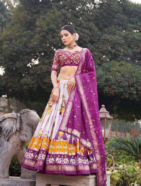 White Tussar Silk Lehenga Choli with Maroon Blouse | Patola Print & Foil Work | Wedding & Festive Wear