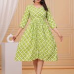 Whit And Green Floral Printed A-Line Midi Dress with 3/4th Sleeves ? Elegant Casual & Party Wear