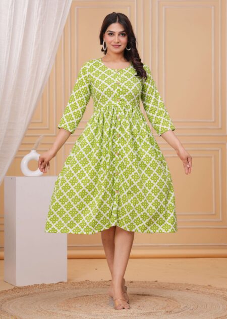 Whit And Green Floral Printed A-Line Midi Dress with 3/4th Sleeves ? Elegant Casual & Party Wear