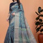 Peacock Blue Soft Silk Saree with Floral Zari Weave & Multi-Color Pallu