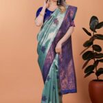 Celestial Grace Mint Green Banarasi Silk Saree with Royal Blue & Copper Zari Work | Wedding, Reception & Festival Wear