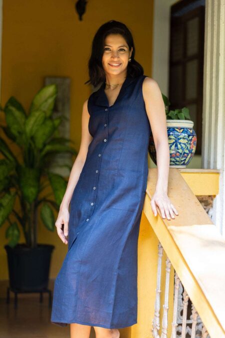 Women's Cotton Solid Oversized Fit Spread Collar Sleeveless Dresses ( Navy Blue )