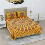 Jaipuri Stylish Mandala Printed Double Bed Bedsheet With Two Pillow Cover (Yellow)