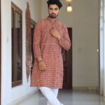 Mens Red Printed Cotton Kurta with White Pajama ? Stylish Traditional & Festive Wear
