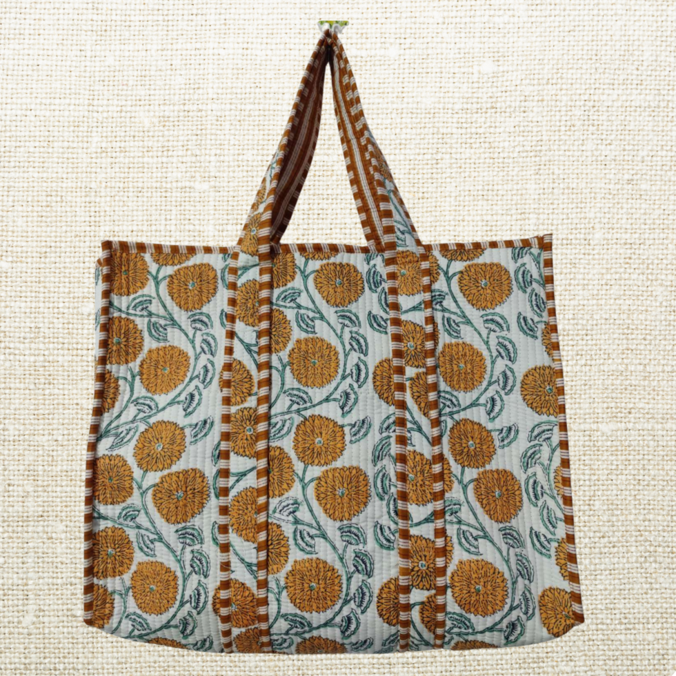 Orange Floral Quilted Tote Bag