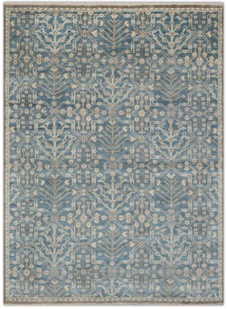 Handwoven Blue Vintage Geometric Area Rug with Fringe