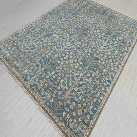 Handwoven Blue Vintage Geometric Area Rug with Fringe