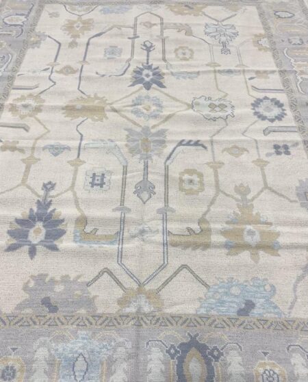 Hand Knotted Ivory Oushak Wool Area Rug Vintage Turkish Floral Carpet in Soft Blue & Beige