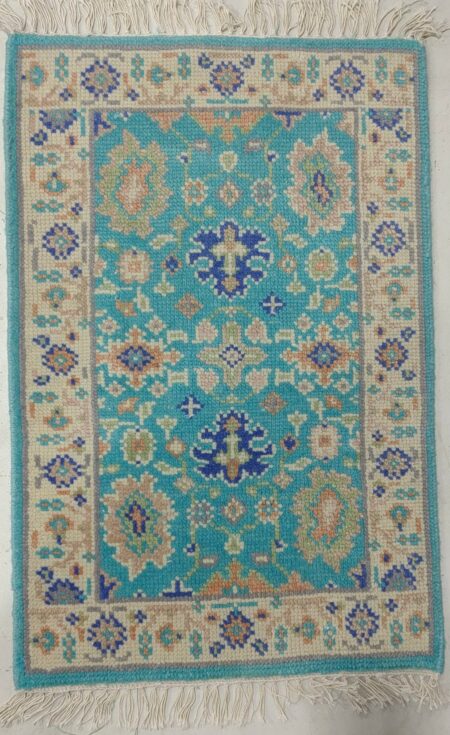 Hand Knotted Turquoise Oushak Wool Area Rug Vintage Turkish Floral Rug