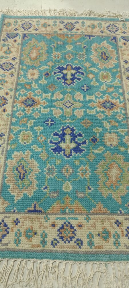 Hand Knotted Turquoise Oushak Wool Area Rug Vintage Turkish Floral Rug