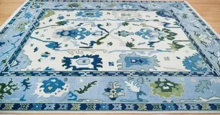 Hand Knotted Oushak Wool Area Rug Light Blue Vintage Turkish Floral Rug