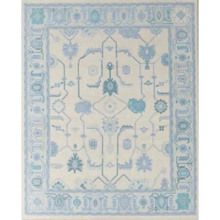 Hand Knotted Ivory Blue Oushak Wool Area Rug Vintage Turkish Floral Rug