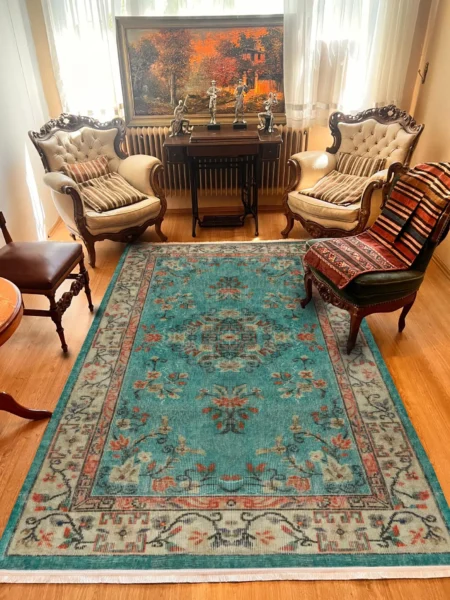 Hand-Knotted Vintage Turquoise Medallion Wool Area Rug