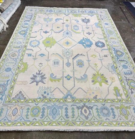 Hand Knotted Ivory Oushak Wool Area Rug Vintage Turkish Floral Carpet in Blue & Green