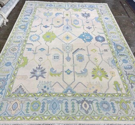Hand Knotted Ivory Oushak Wool Area Rug Vintage Turkish Floral Carpet in Blue & Green