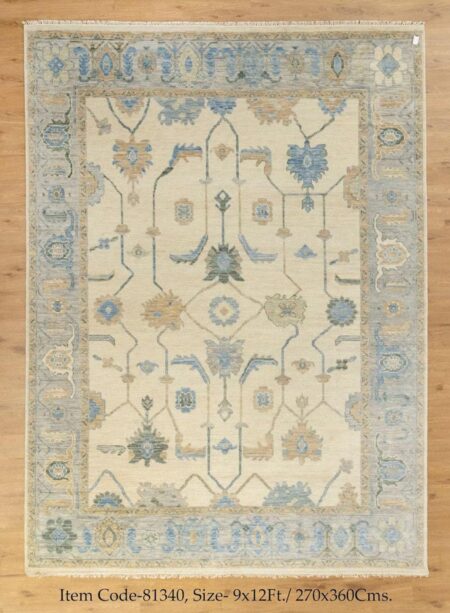 Hand Knotted Ivory Oushak Wool Area Rug Vintage Turkish Floral Carpet in Soft Blue, Beige & Grey